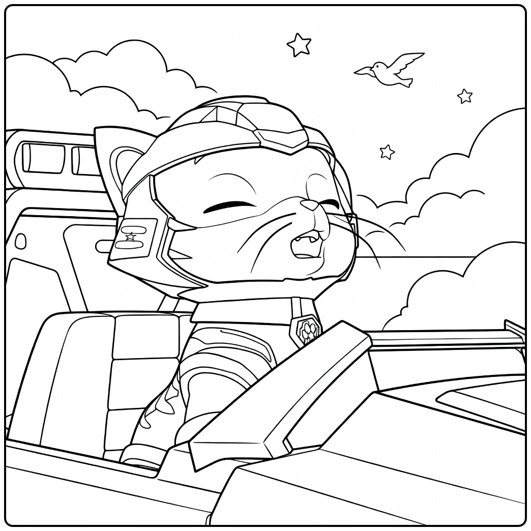 Anthropomorfe kat met helm zittend in voertuig met gesloten ogen en open mond leo paw patrol kleurplaat