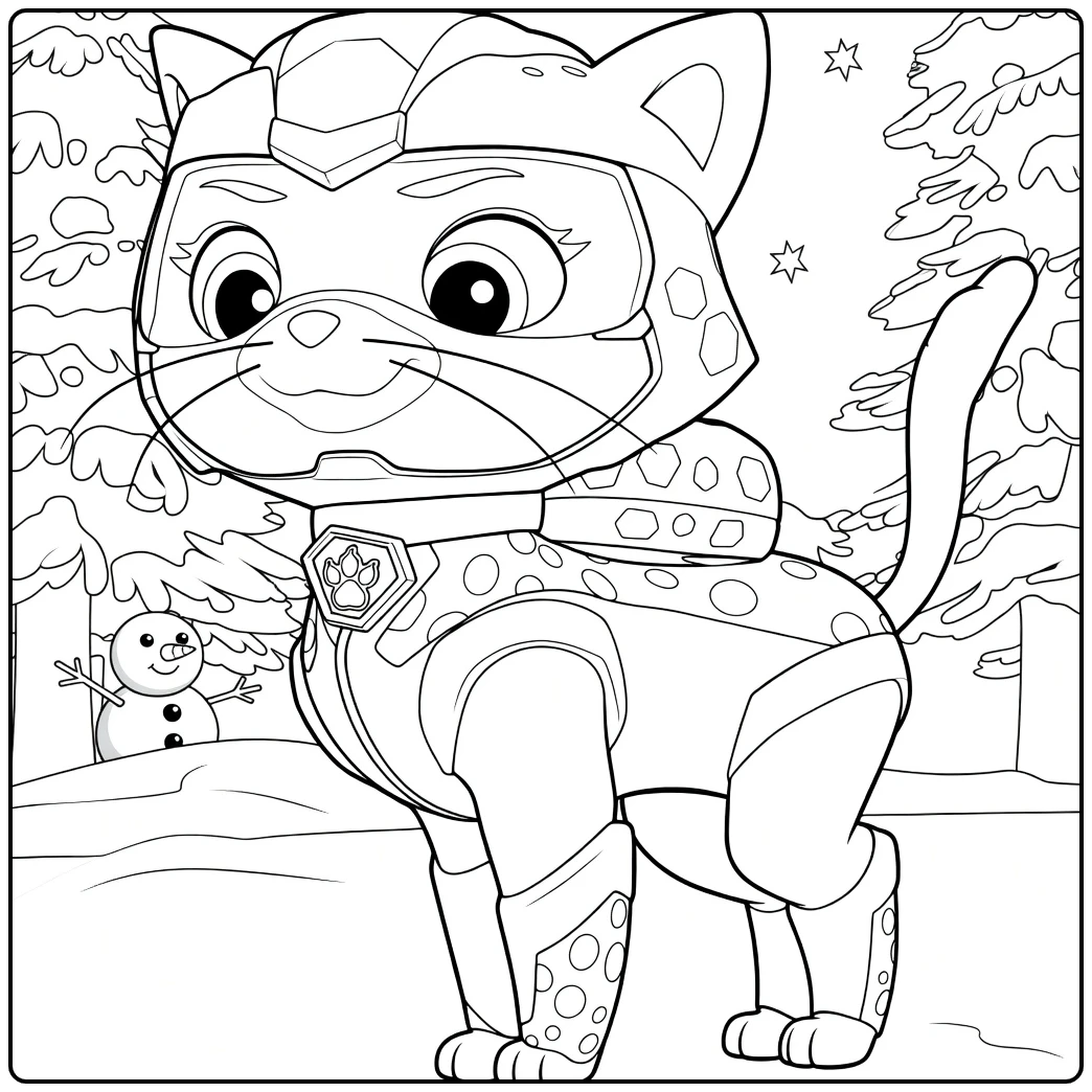 Kleurplaat van een kat in robotisch harnas met besneeuwde bomen op de achtergrond shade paw patrol kleurplaat
