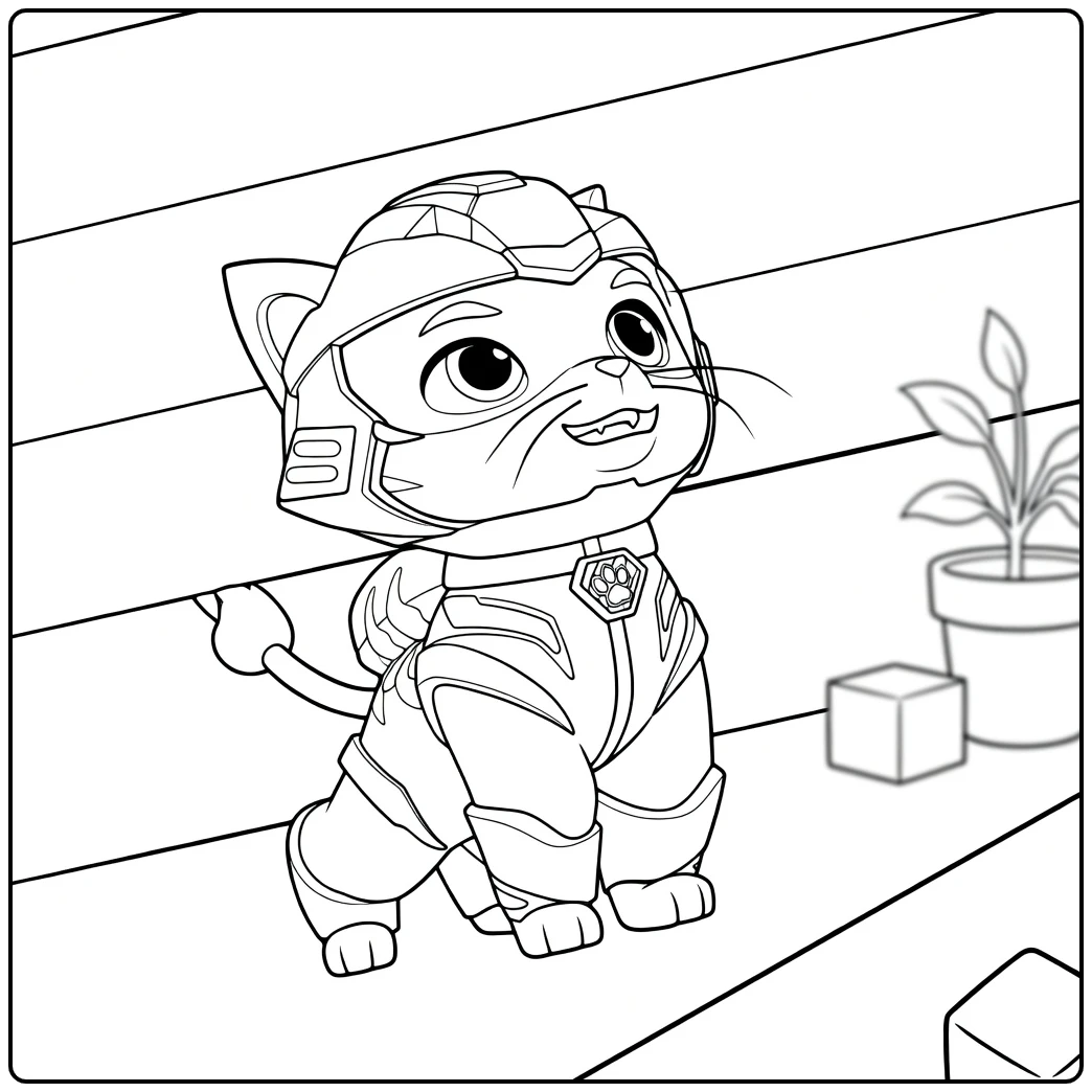 Anthropomorfe kat met gele helm en pak zittend met poot geheven leo paw patrol kleurplaat