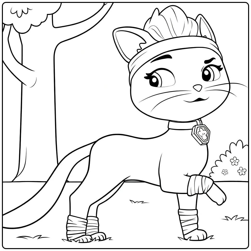 rory paw patrol kleurplaat van een witte kat die dynamisch vooruit springt met een boom ernaast