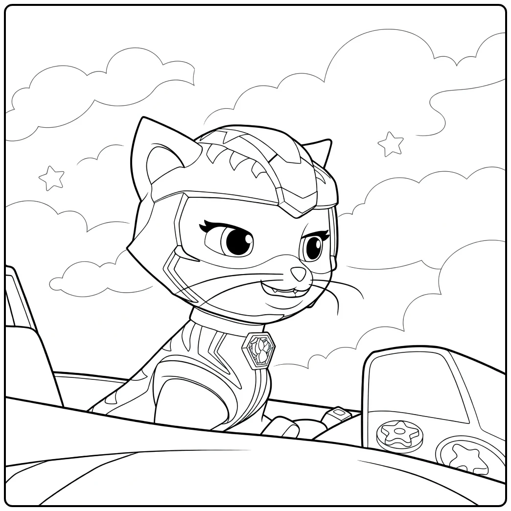 Witte antropomorfe kat met helm zittend in voertuig cockpit rory paw patrol kleurplaat