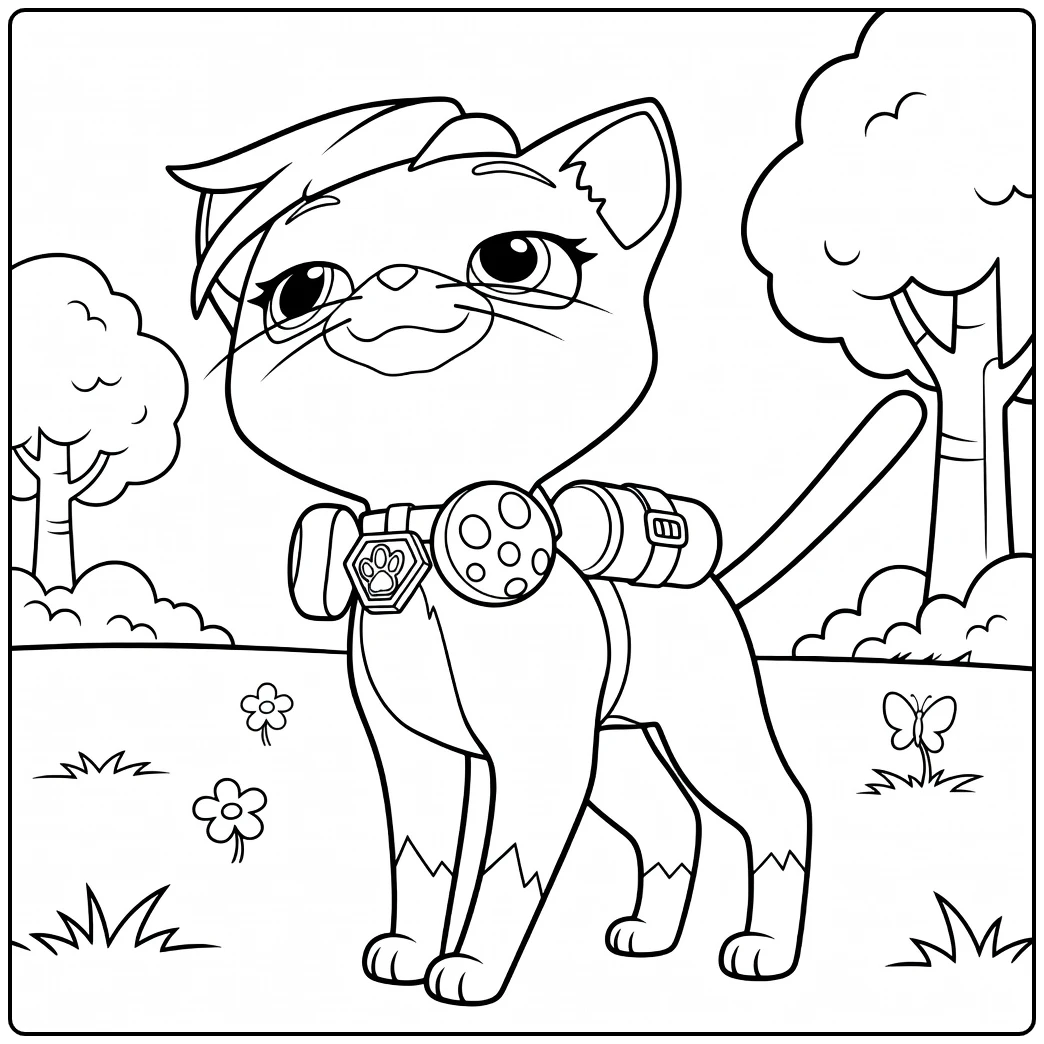 Kat met paarse haarpluim en bal aan kraag staat op gras shade paw patrol kleurplaat
