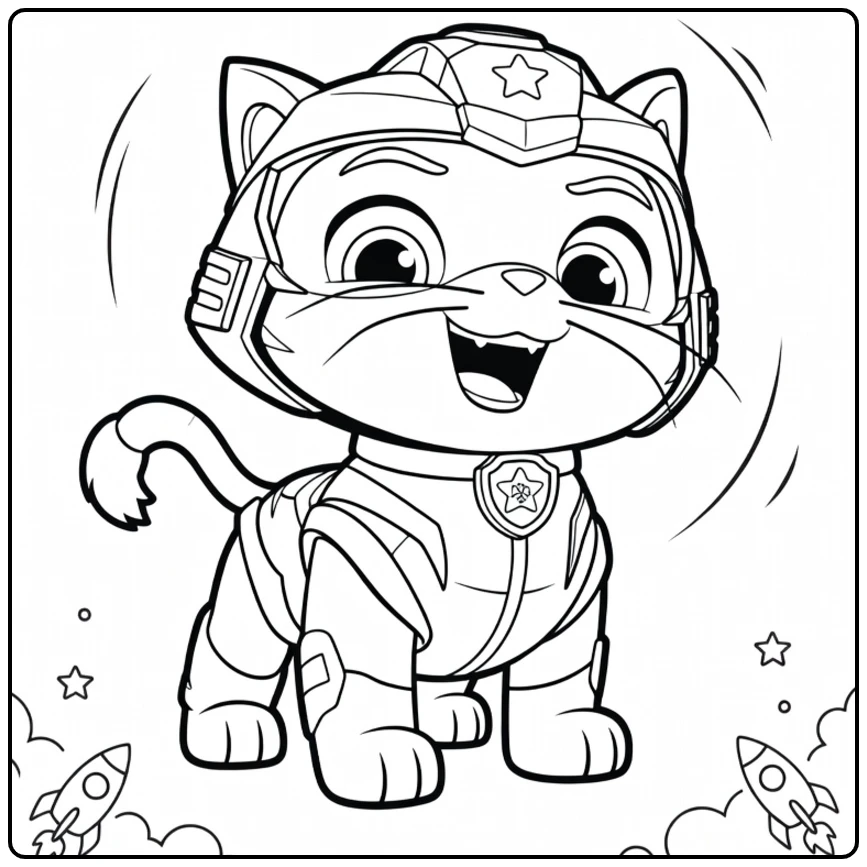 Oranje kat met gele helm en harnas, opgewonden uitdrukking en staart omhoog leo paw patrol kleurplaat