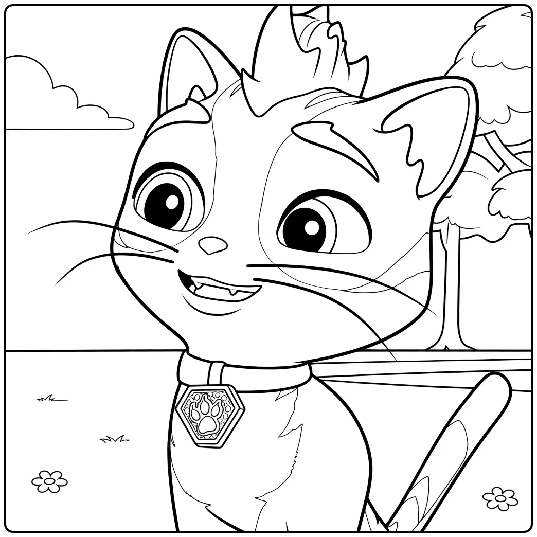 Wild cat paw patrol kleurplaat van een kat met scheve kop, open glimlach en kraag met tag