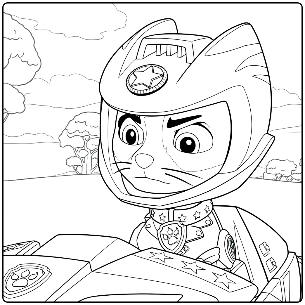 Anthropomorfe kat met helm en jas zittend in voertuig wild cat paw patrol kleurplaat