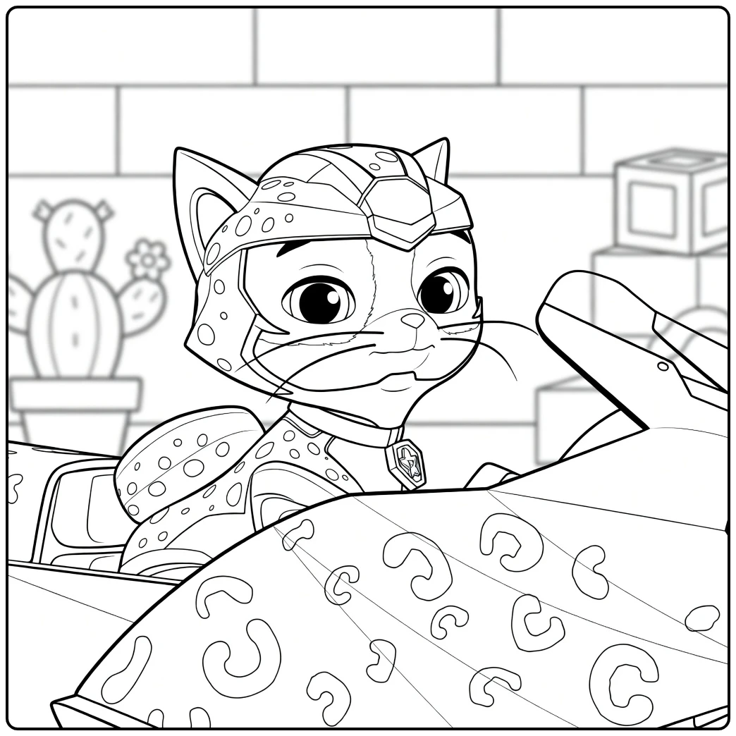 leo paw patrol kleurplaat van een oranje kat met stippen in een voertuig met helm