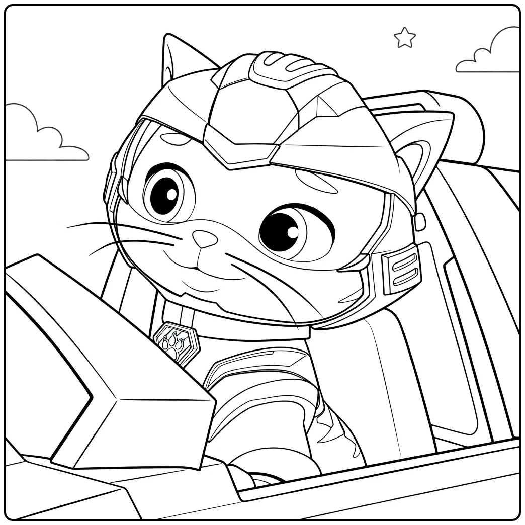 leo paw patrol kleurplaat met een kat die in een voertuig zit en een helm draagt