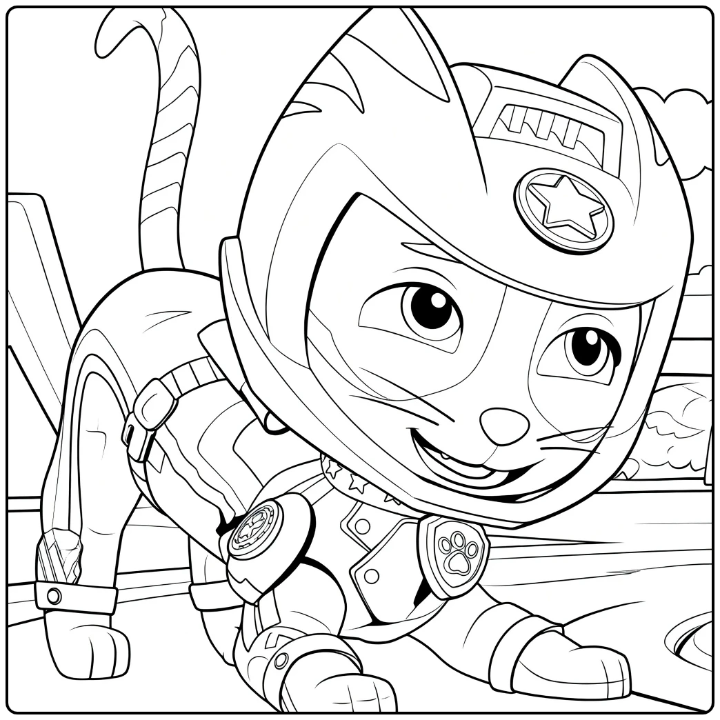 Wild Cat Paw patrol Kleurplaat met een kat die voorover leunt met helm en harnas