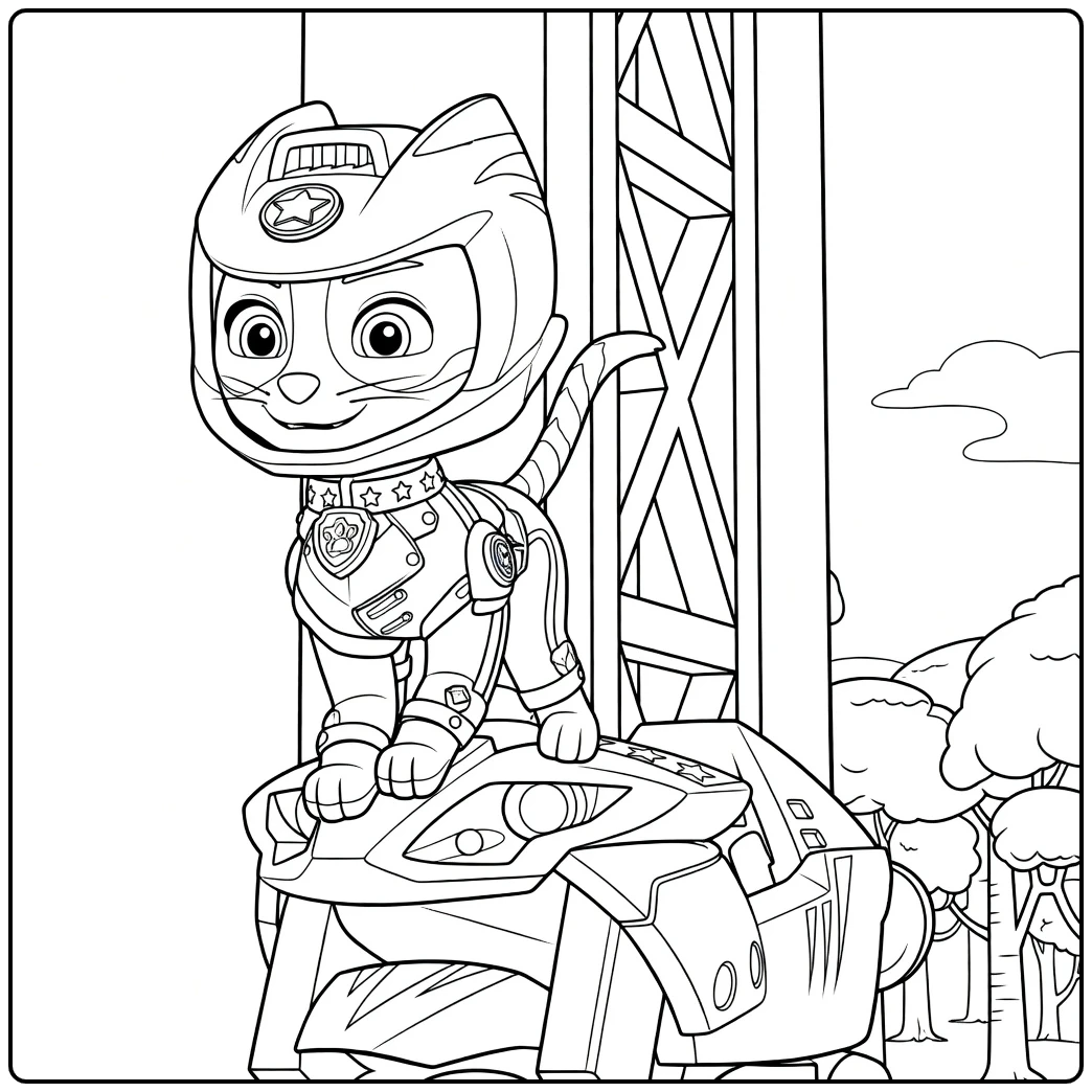 wild cat paw patrol kleurplaat van een kat met helm op een futuristisch voertuig