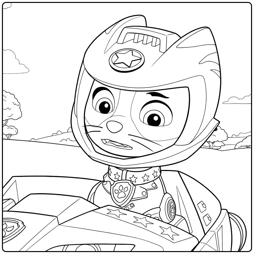 Kleurplaat van een kat met helm zittend op een voertuig wild cat paw patrol kleurplaat