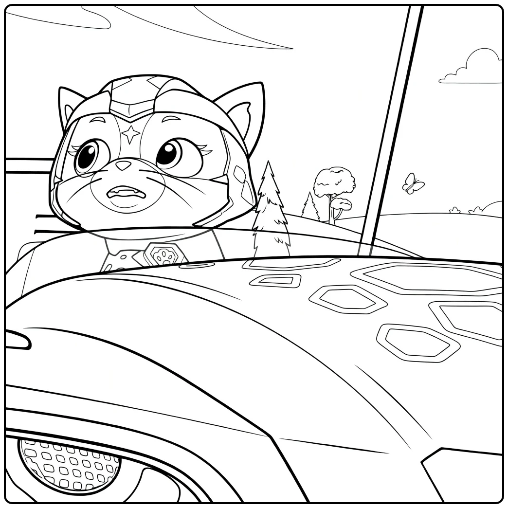 Kat met helm gluurt verrast over futuristisch voertuig shade paw patrol kleurplaat
