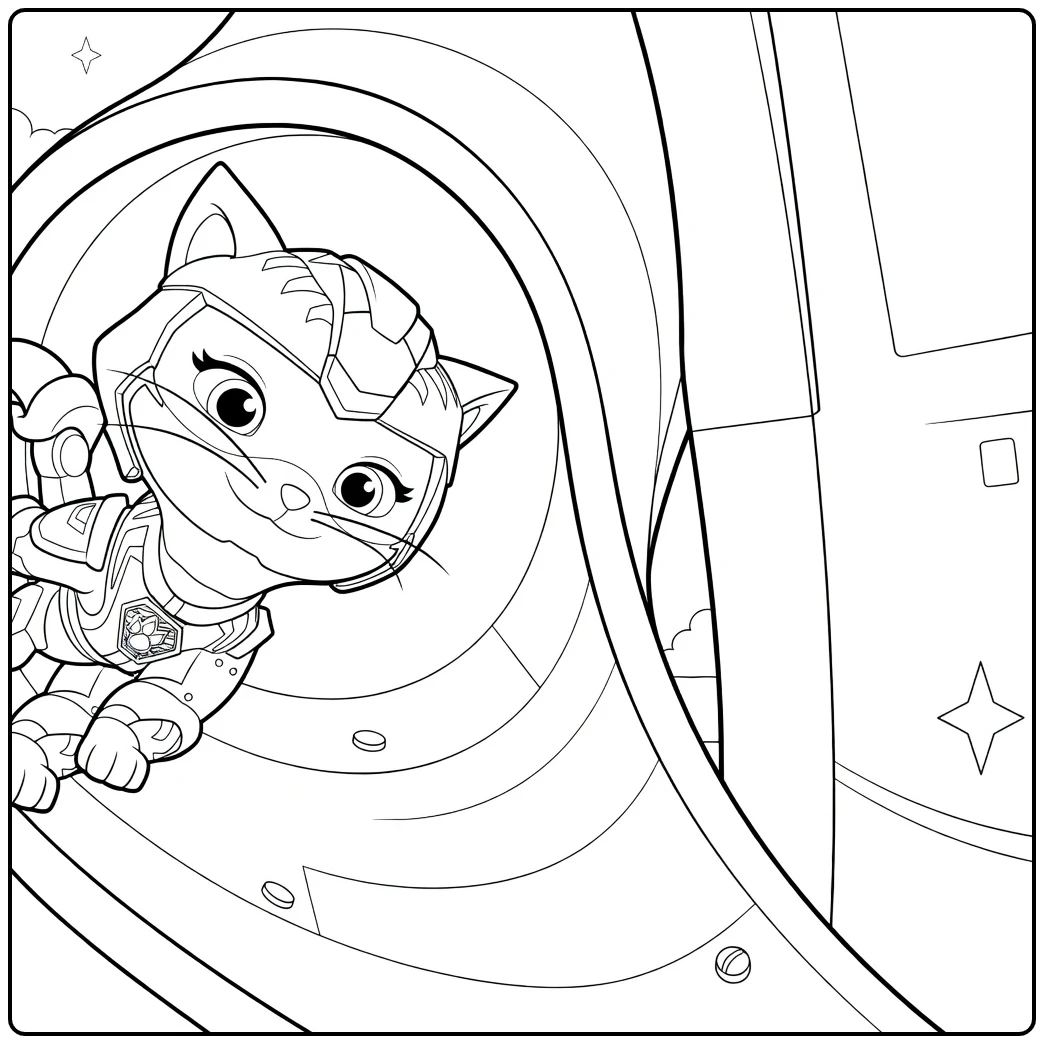 rory paw patrol kleurplaat met een kat in harnas die uit een ronde opening leunt