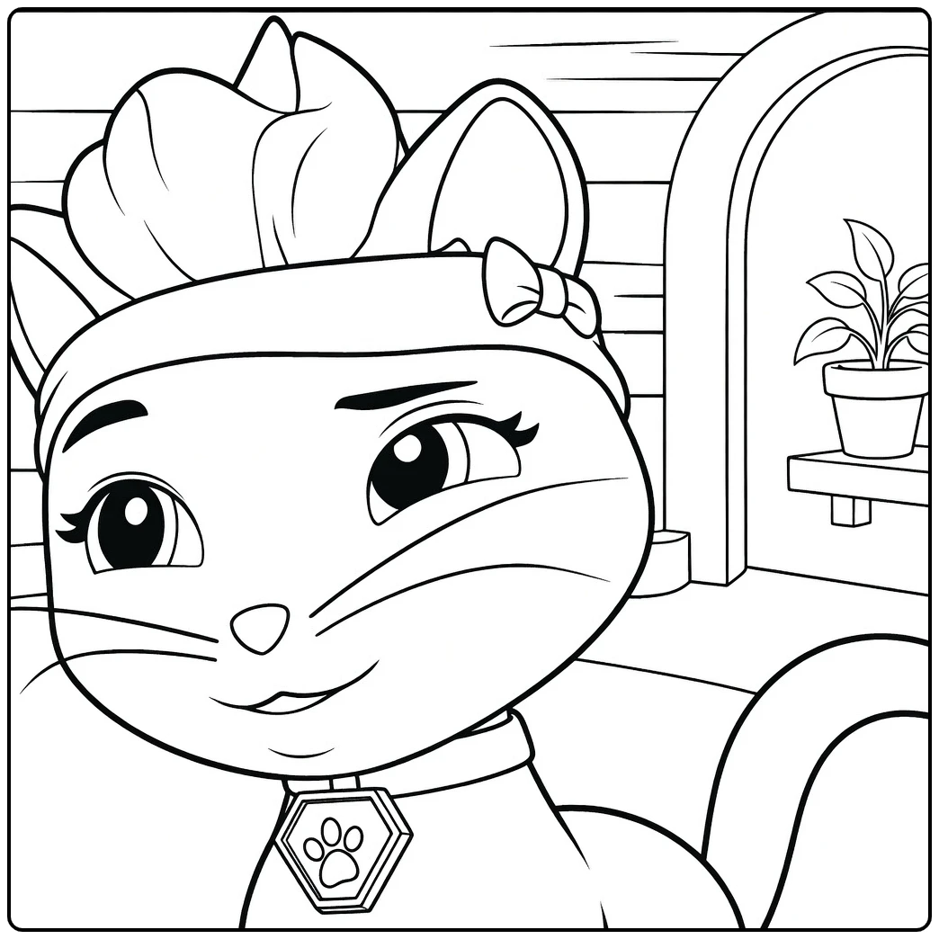 rory paw patrol kleurplaat van een kat met lichtblauwe hoofdband en kraag die zijdelings kijkt