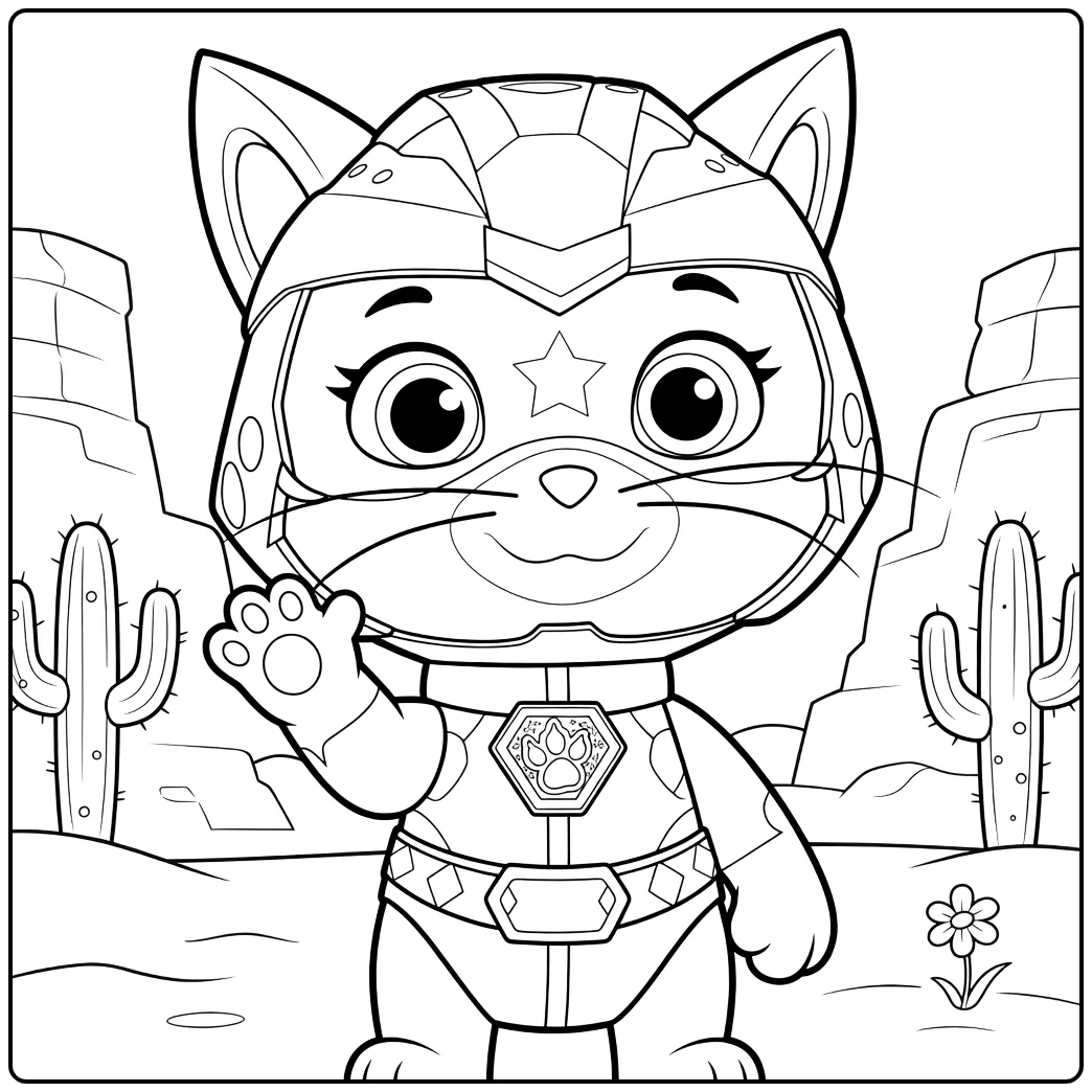 Kleurplaat van een rechtopstaande kat met robothelm en pantsersuit in woestijn met cactussen shade paw patrol kleurplaat