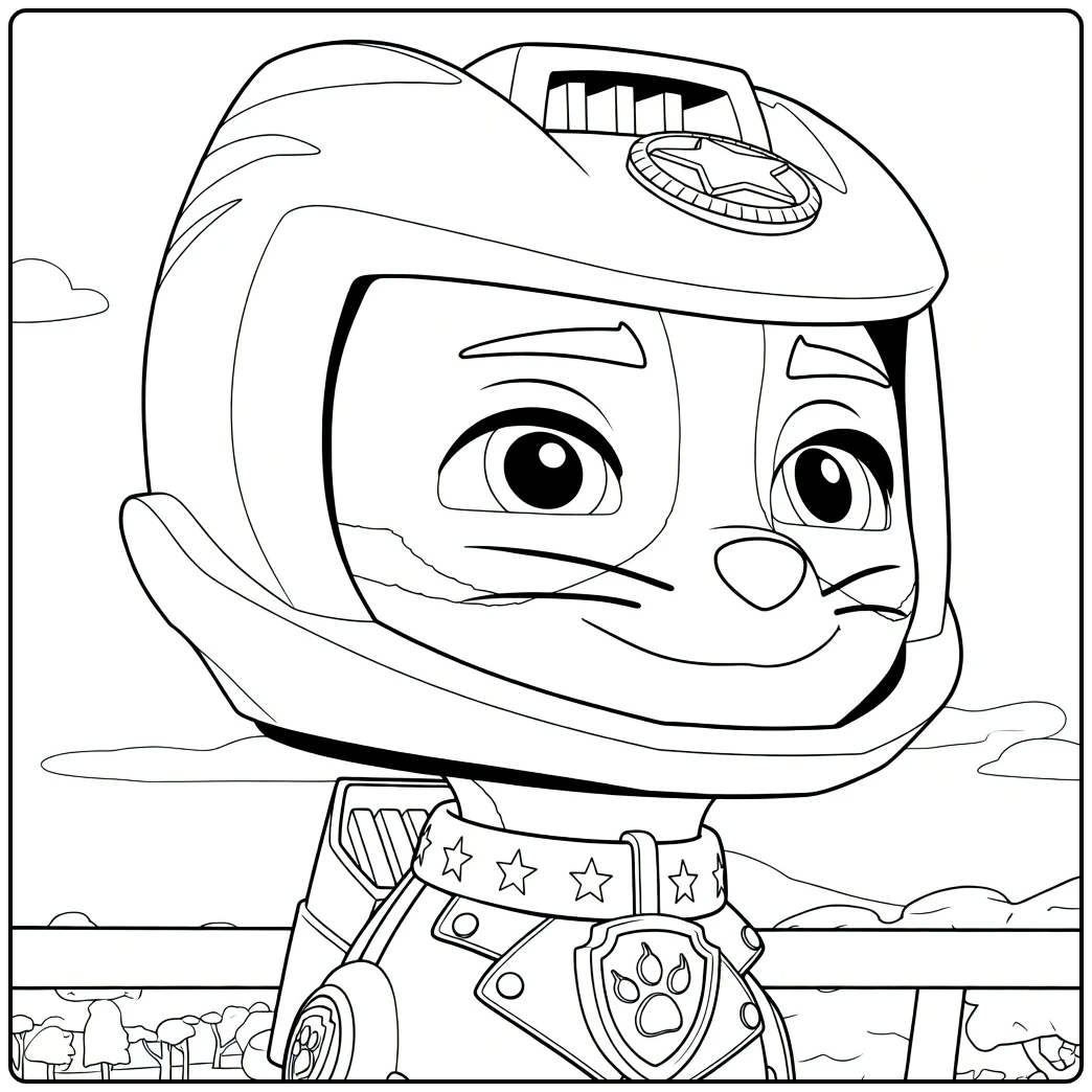 Lijntekening van een antropomorfe kat met helm en jasje wild cat paw patrol kleurplaat