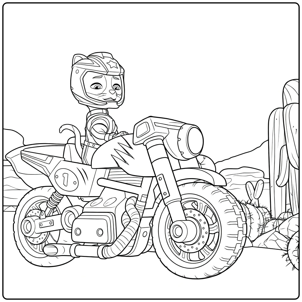 Wilde kat met helm zittend op motorfiets tussen cactussen en rotsen wild cat paw patrol kleurplaat
