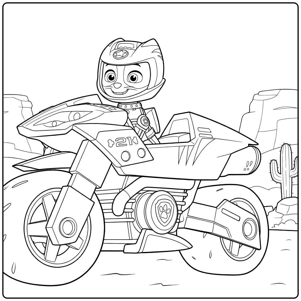 wild cat paw patrol kleurplaat met een katachtige figuur op een futuristische motorfiets