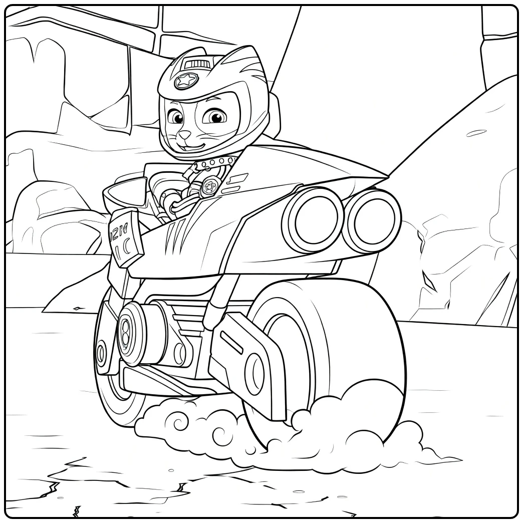 wild cat paw patrol kleurplaat met een kat op futuristische motorfiets en helm