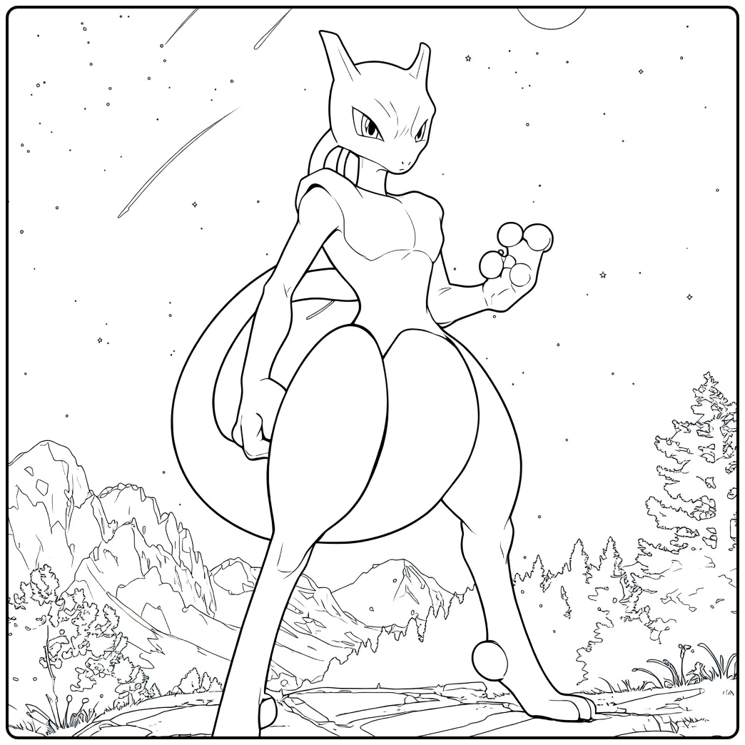Mewtwo Kleurplaat van een katachtig wezen met opgeheven arm en gekrulde staart voor bergen