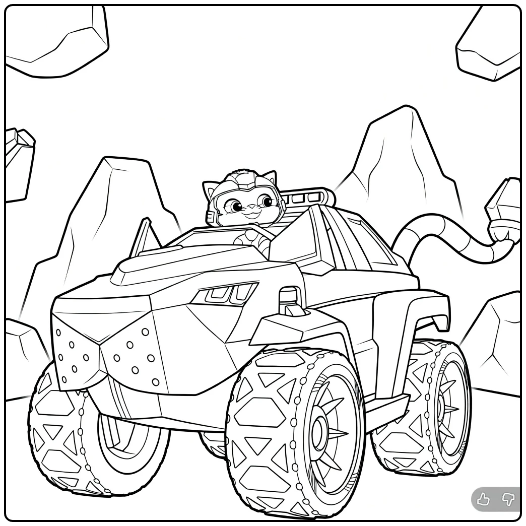 Antropomorfe kat met helm achter het stuur van een hoekig voertuig met grote wielen leo paw patrol kleurplaat