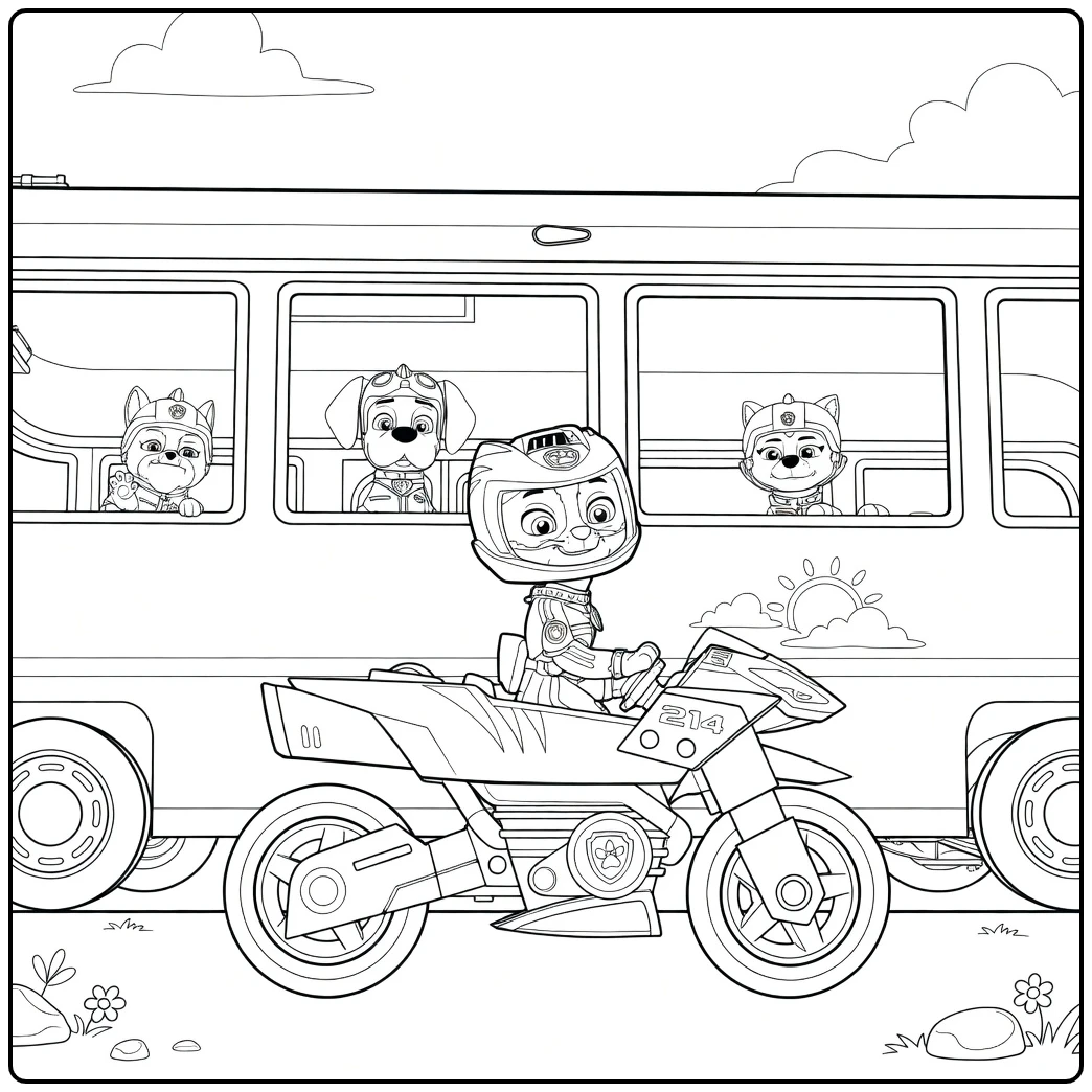 Helm dragende katachtige op motorfiets met passagiers en bus op de achtergrond Paw Patrol Seizoen 8 Kleurplaat