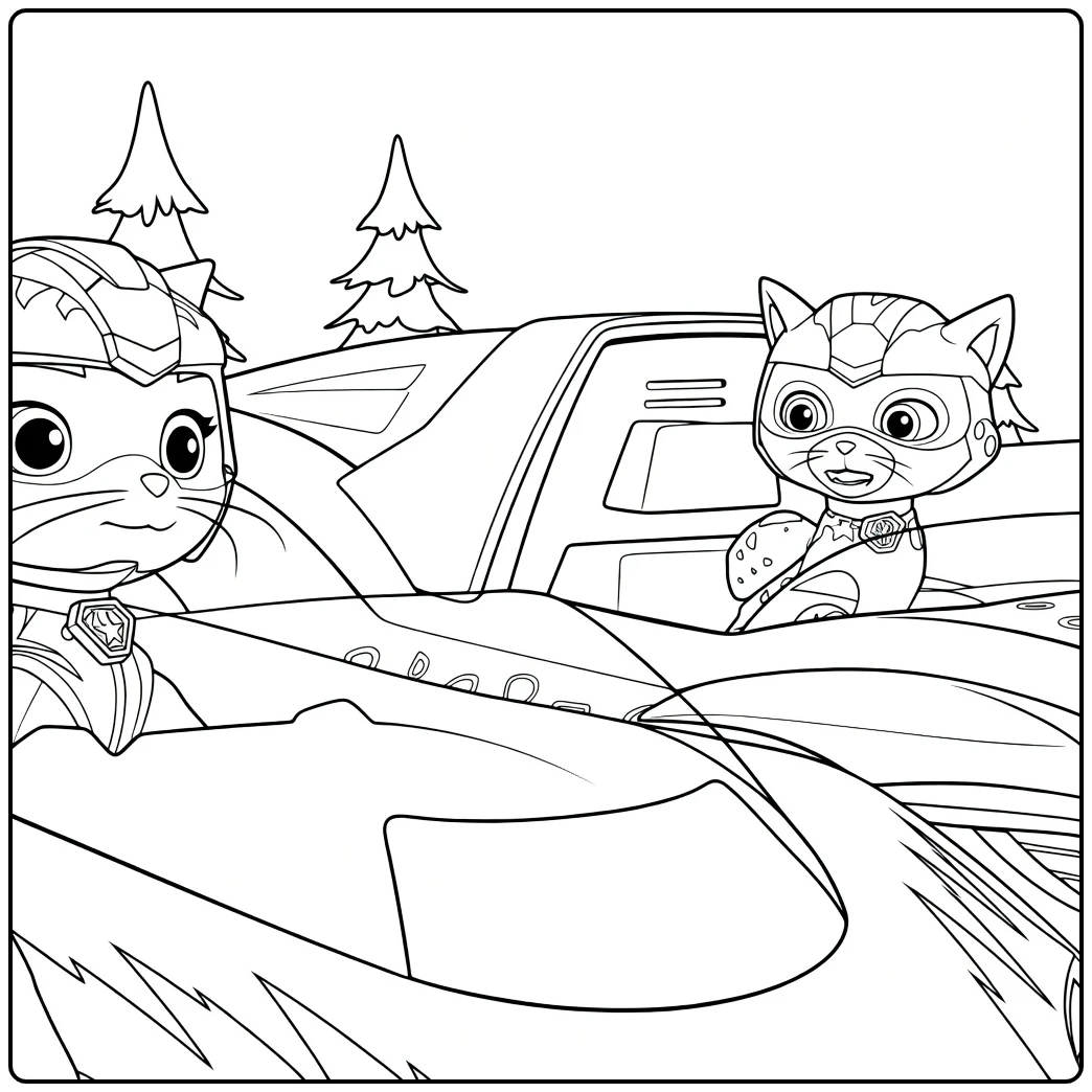 Twee antropomorfe katten zittend in een voertuigcockpit rory paw patrol kleurplaat met dennenbomen