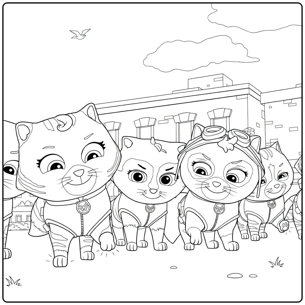 Antropomorfe katten in een rij met pakken en gloeiende poten Paw Patrol Seizoen 6 Kleurplaat