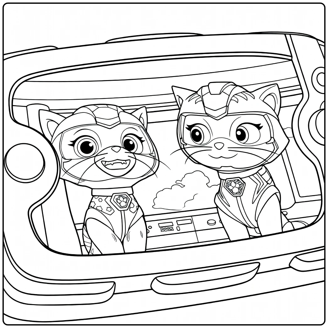 Twee antropomorfe katten met helmen zittend in een voertuig rory paw patrol kleurplaat