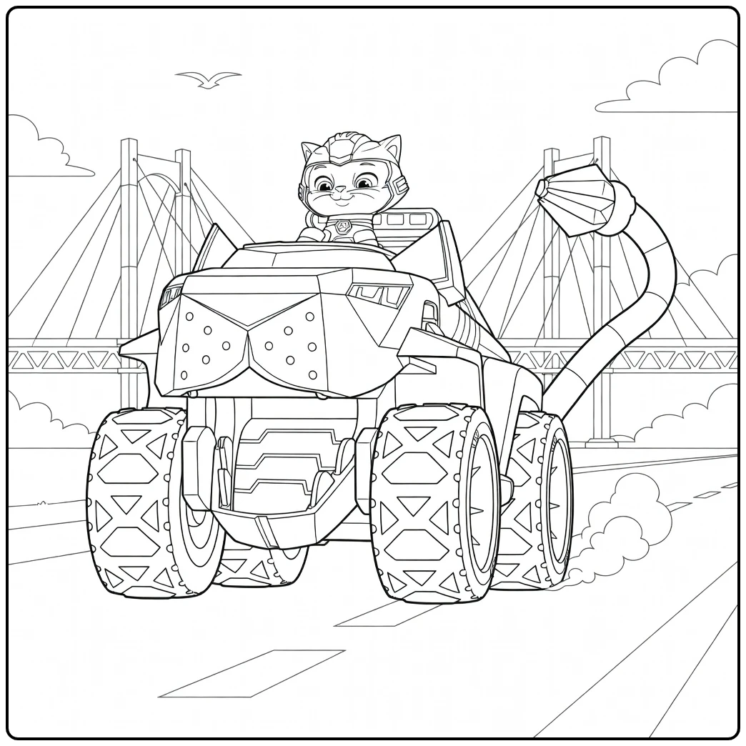 Paw Patrol Seizoen 9 Kleurplaat met een kattenthema voertuig dat vooruit rijdt en rook uitstoot.