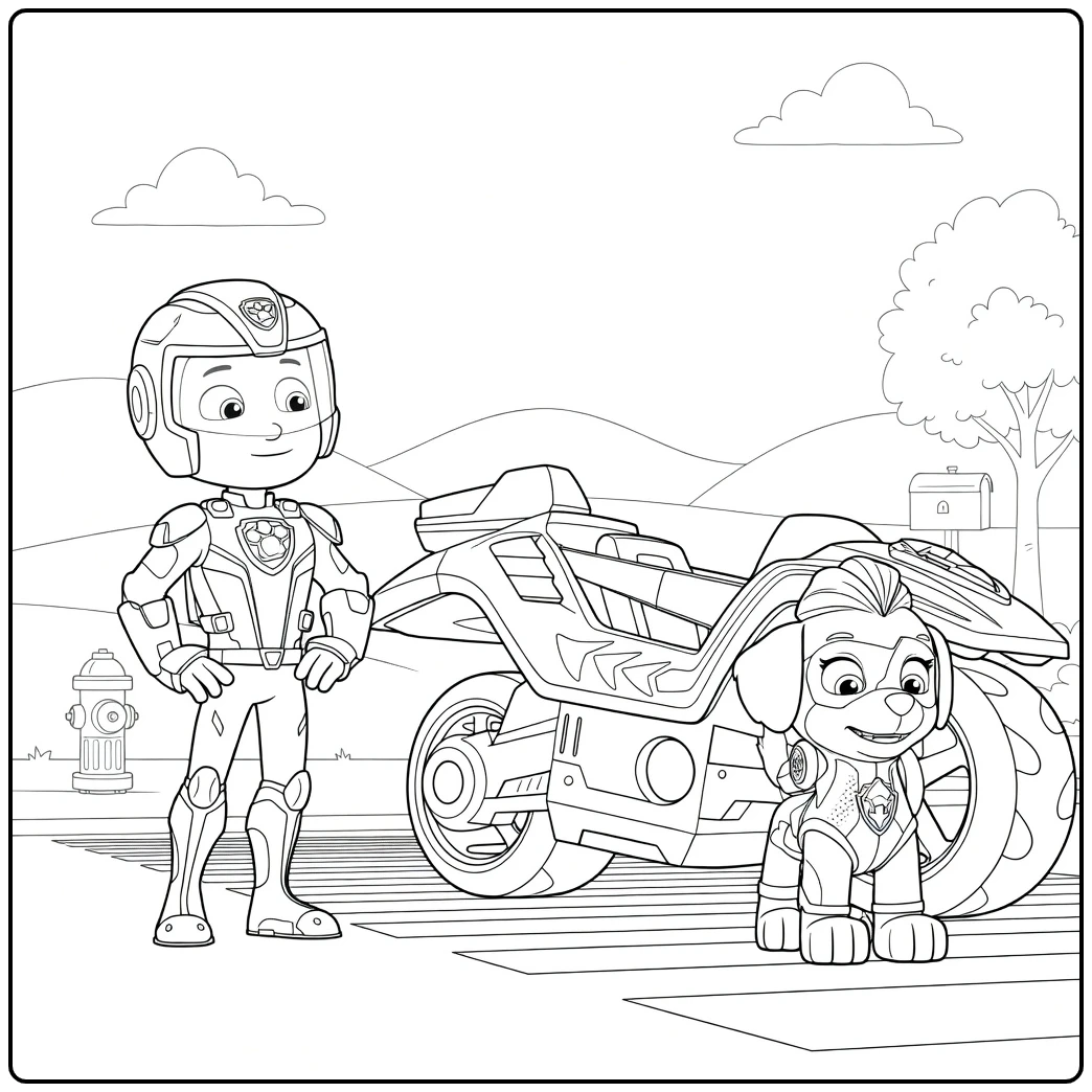 Paw Patrol Seizoen 6 Kleurplaat met een kind met handen op de heupen en een hond naast een motorfiets op een zebrapad