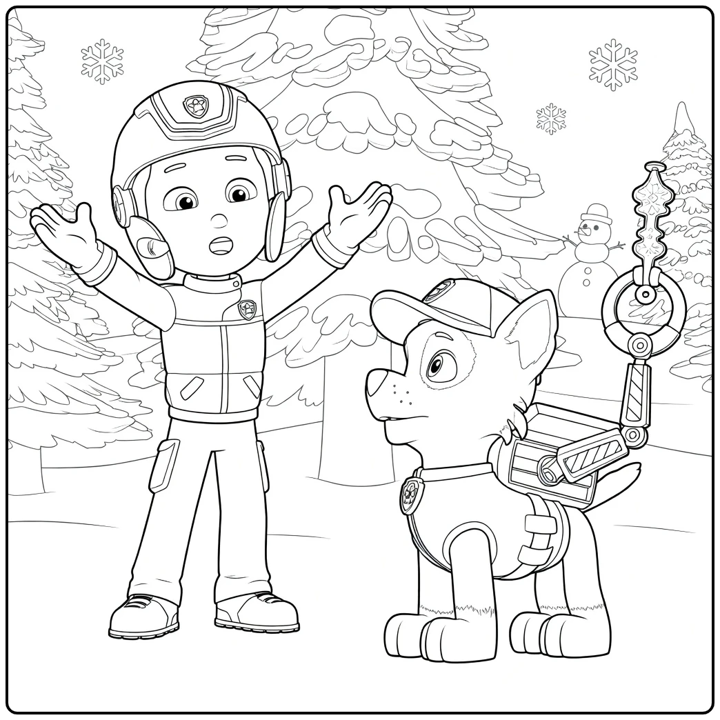 Kind met uitgestrekte armen naast een hondachtige figuur tussen besneeuwde bomen Paw Patrol Seizoen 8 Kleurplaat