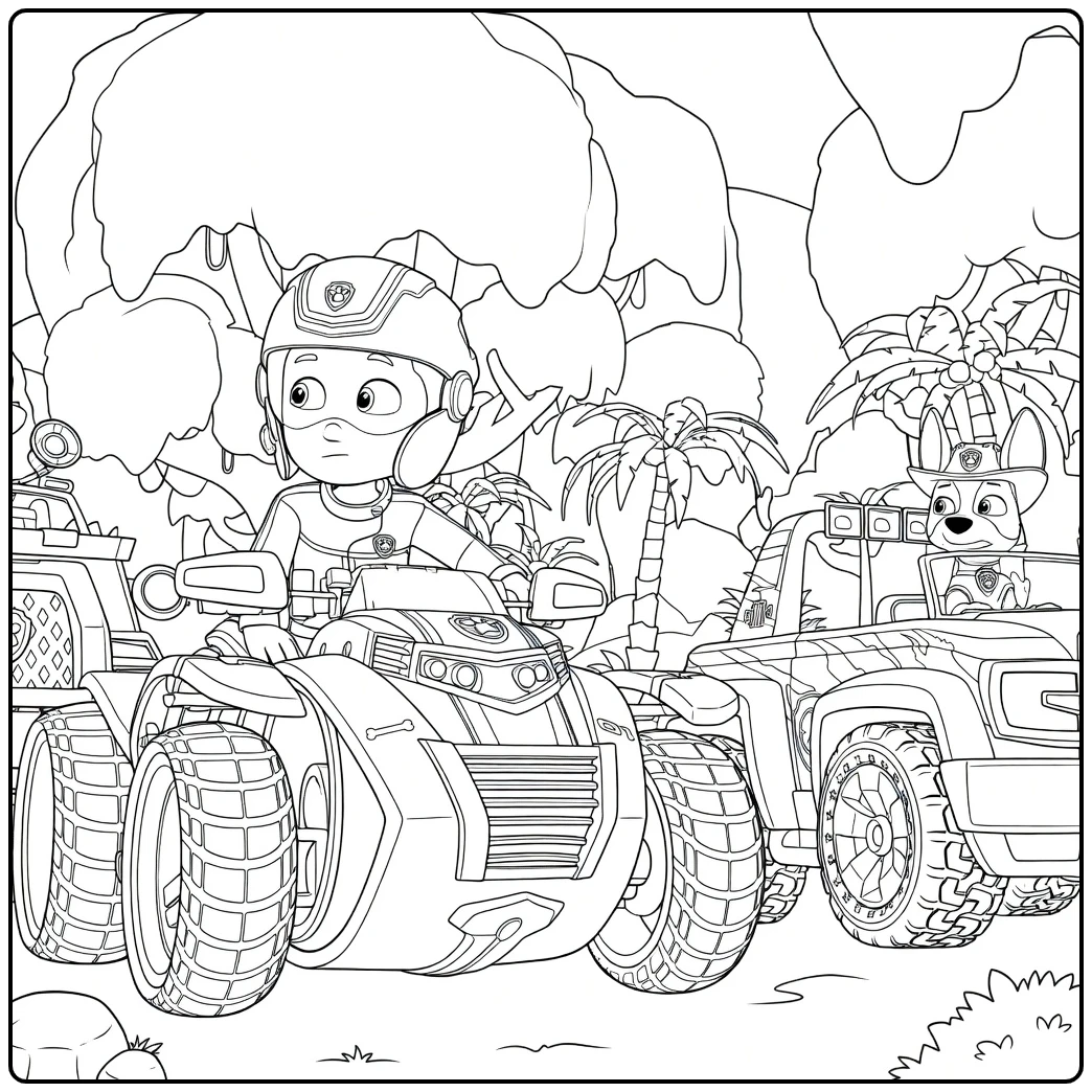 Paw Patrol Seizoen 10 Kleurplaat met een kind op een rode ATV en een hond op een camouflaged voertuig ernaast.