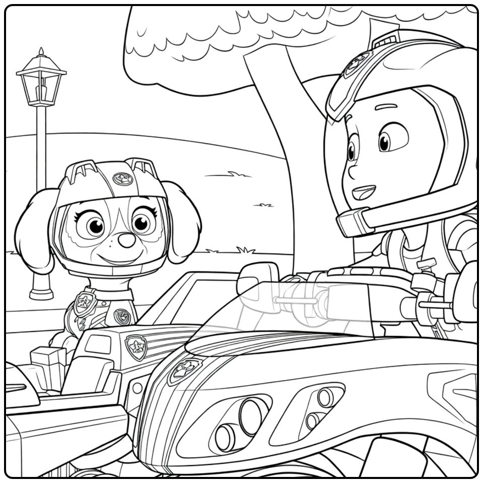 Paw Patrol Seizoen 7 Kleurplaat met een kind in rode helm op een voertuig naast een hond in roze helm