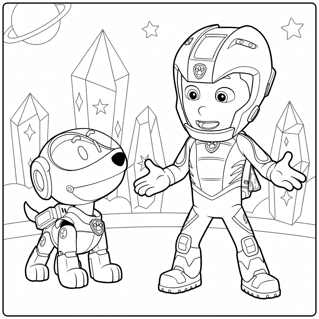 Paw Patrol Seizoen 9 Kleurplaat van een kind in een helm met een robot hond ernaast