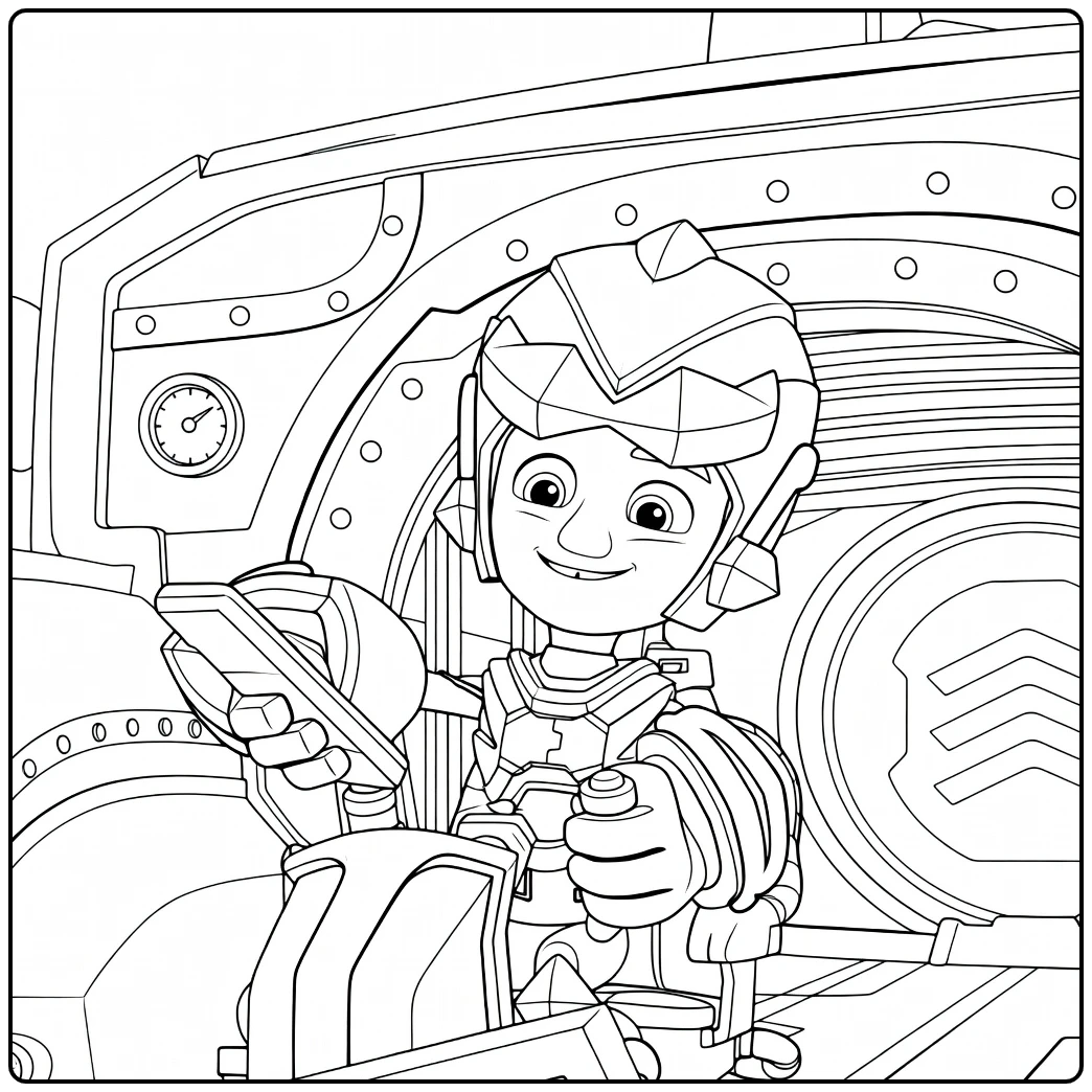 Zittend kind met tablet en hendel in gepantserd pak met helm Paw Patrol Seizoen 6 Kleurplaat