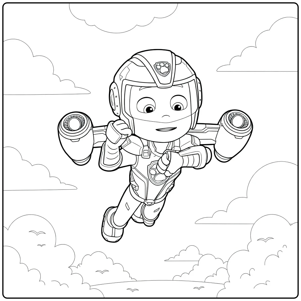Paw Patrol Seizoen 6 Kleurplaat met een jong kind dat vooruit vliegt met straalapparaten aan de armen en een helm