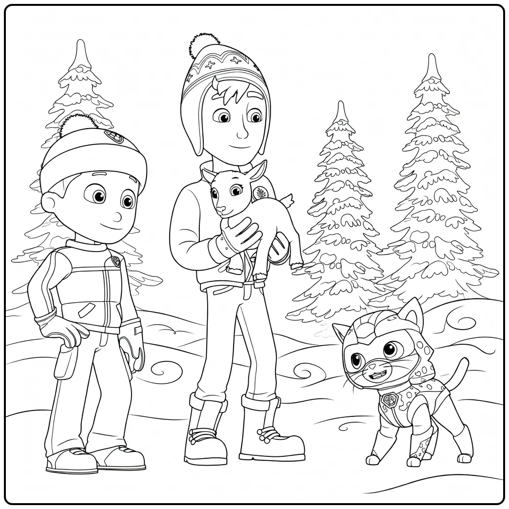 Paw Patrol Seizoen 9 Kleurplaat met een jongen die een geit vasthoudt en twee anderen in een winters landschap