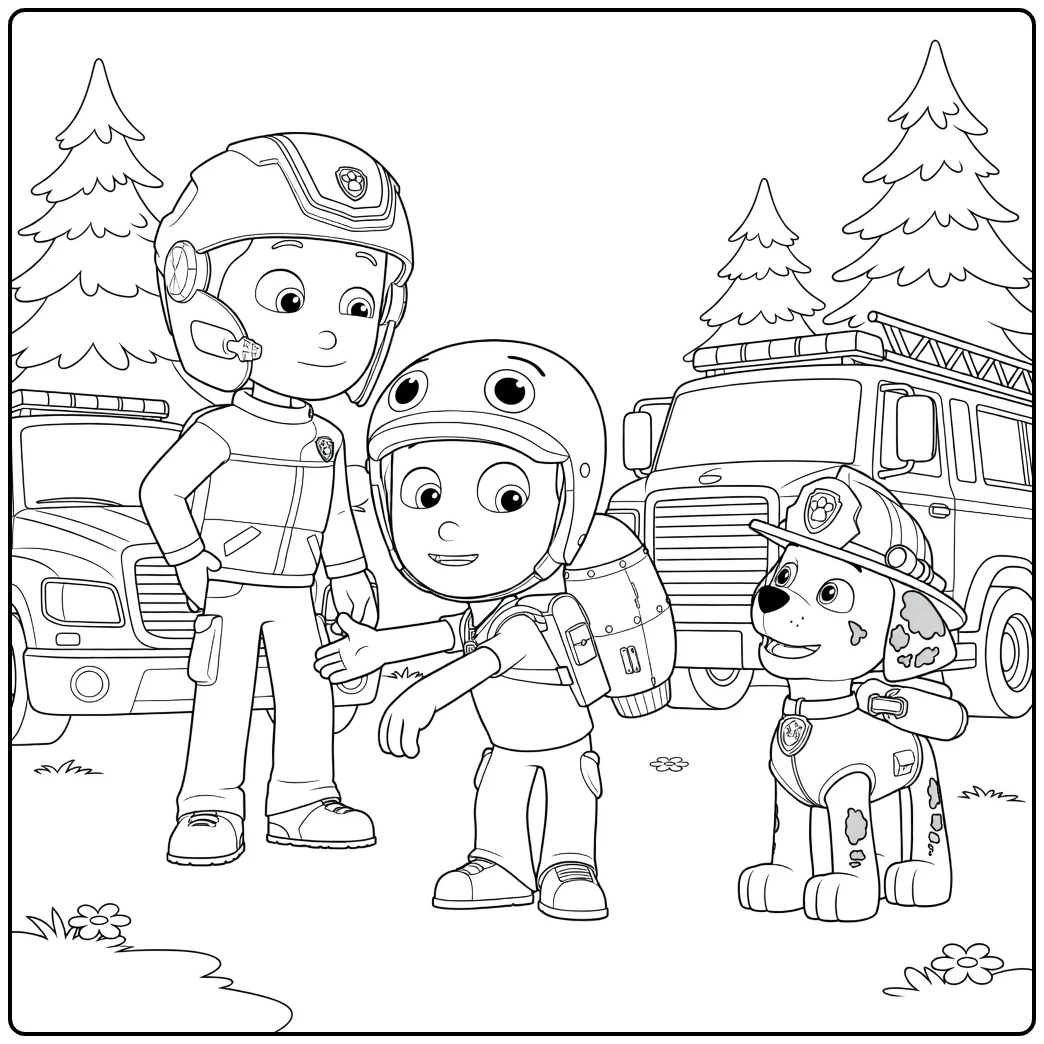 Twee kinderen met helmen en een hond staan voor brandweerwagens Paw Patrol Seizoen 4 Kleurplaat
