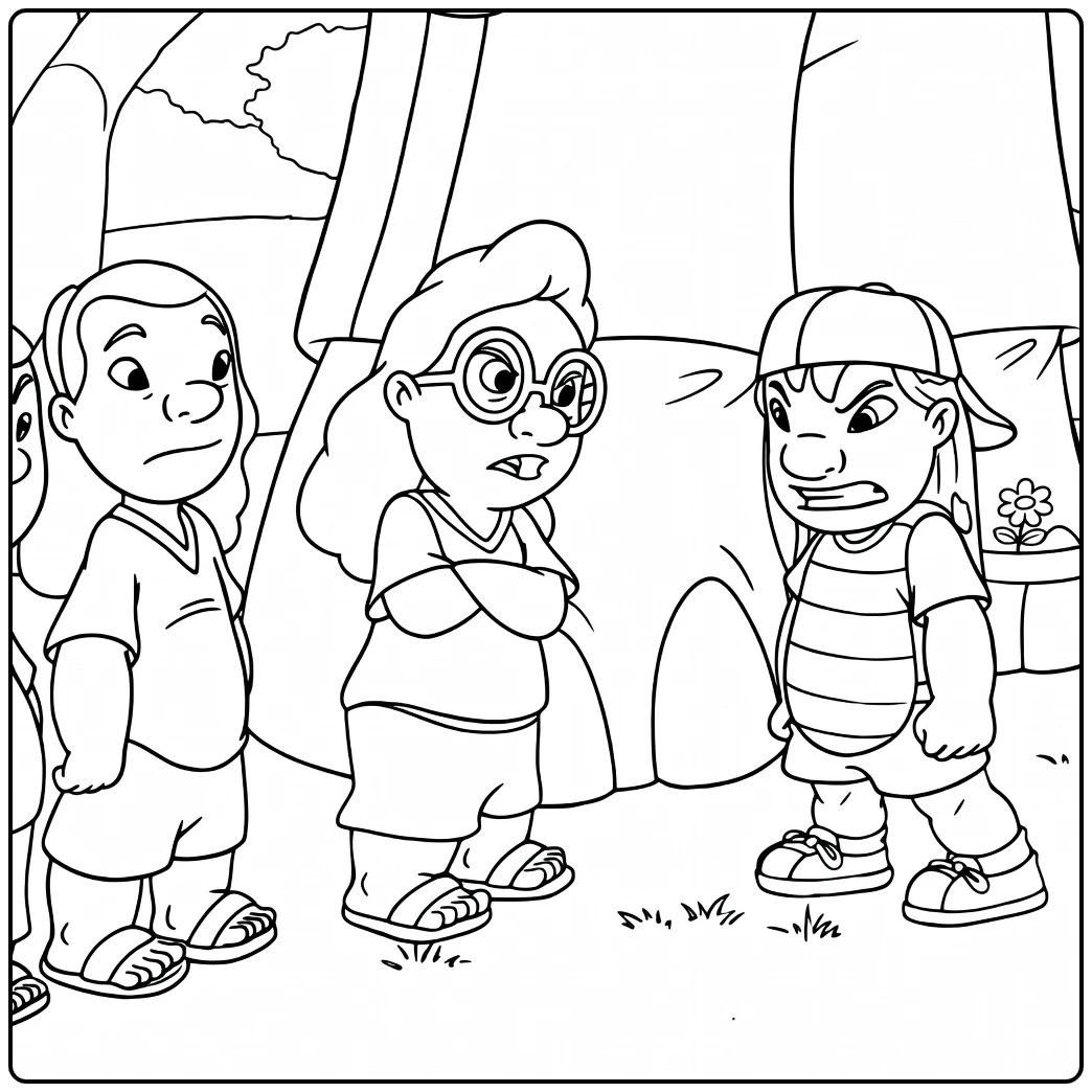 Mertle Edmonds Kleurplaat met kinderen op gras, een met paarse hoofdband en een met blauwe bril