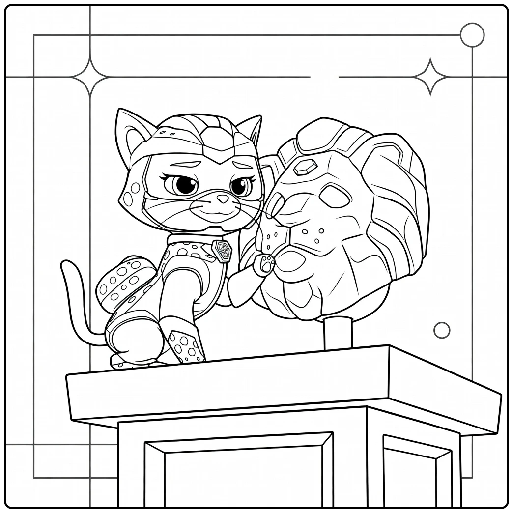 Antropomorfe kat met blauwe vizier en gespikkeld pak op sokkel bij gouden leeuwenkop shade paw patrol kleurplaat