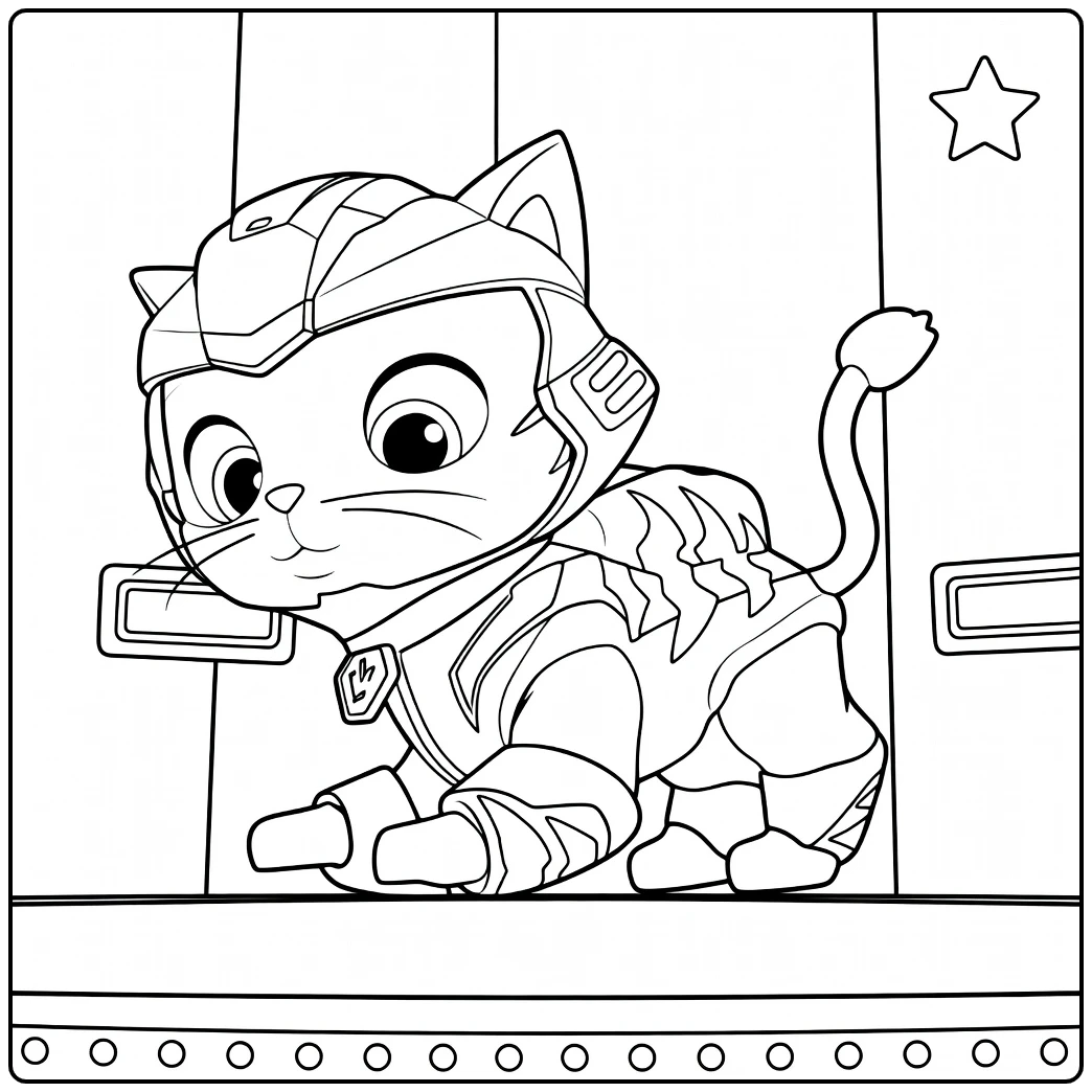 leo paw patrol kleurplaat van een hurkende kat met opgerichte staart en helm