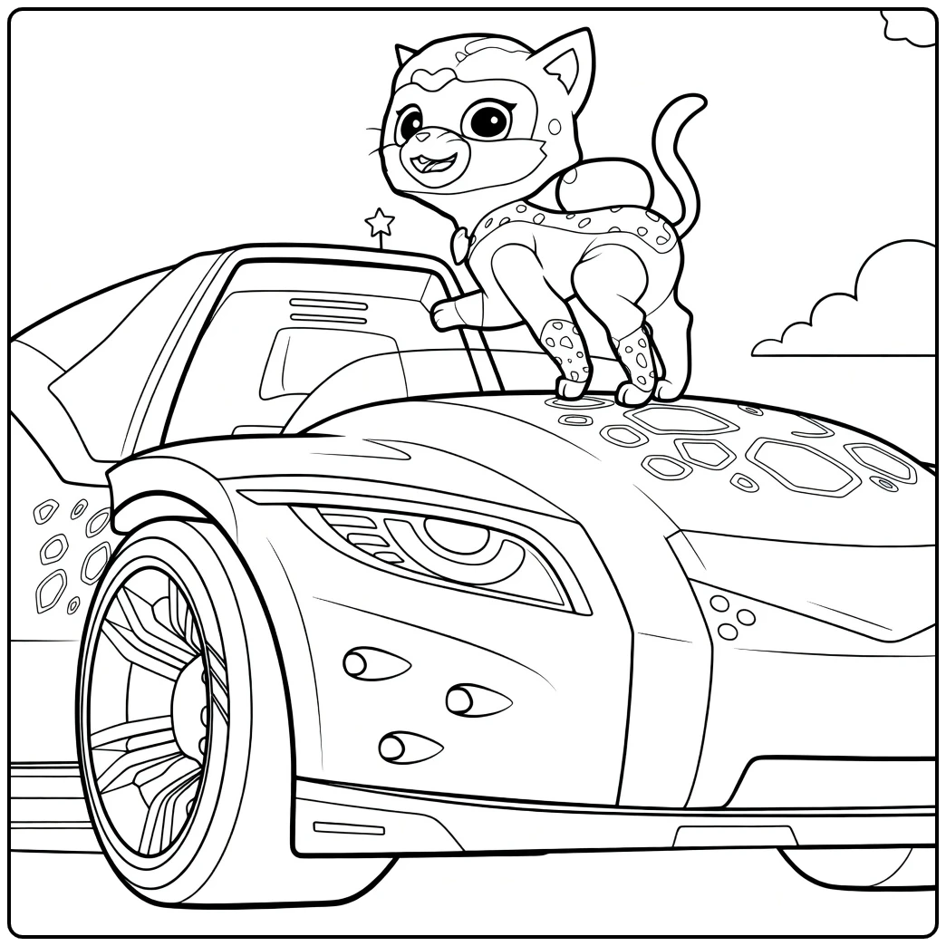 Anthropomorfe katachtige figuur staand op een futuristische sportwagen shade paw patrol kleurplaat