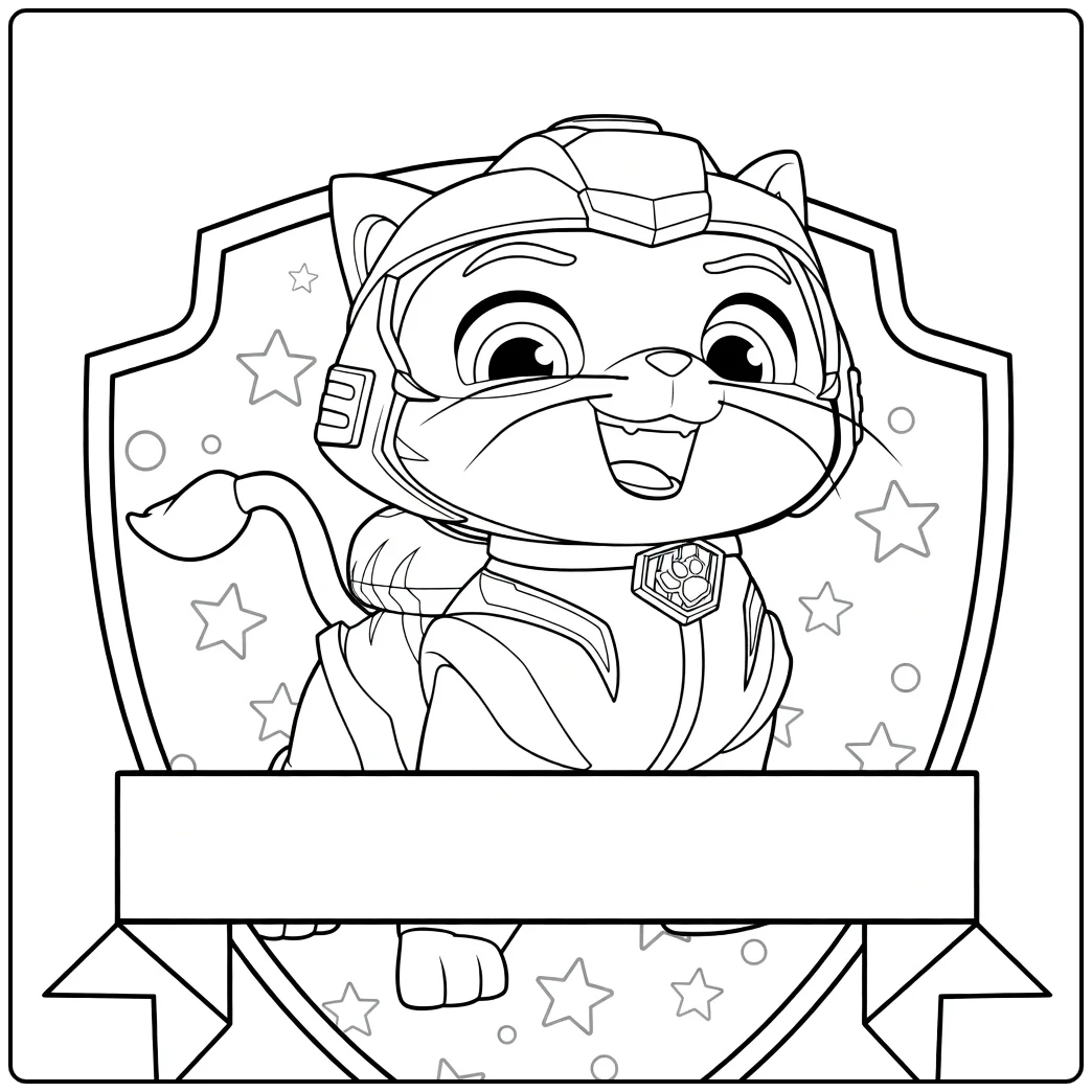 Leo Paw Patrol Kleurplaat met een oranje kat in gele helm en pak op een schildembleem