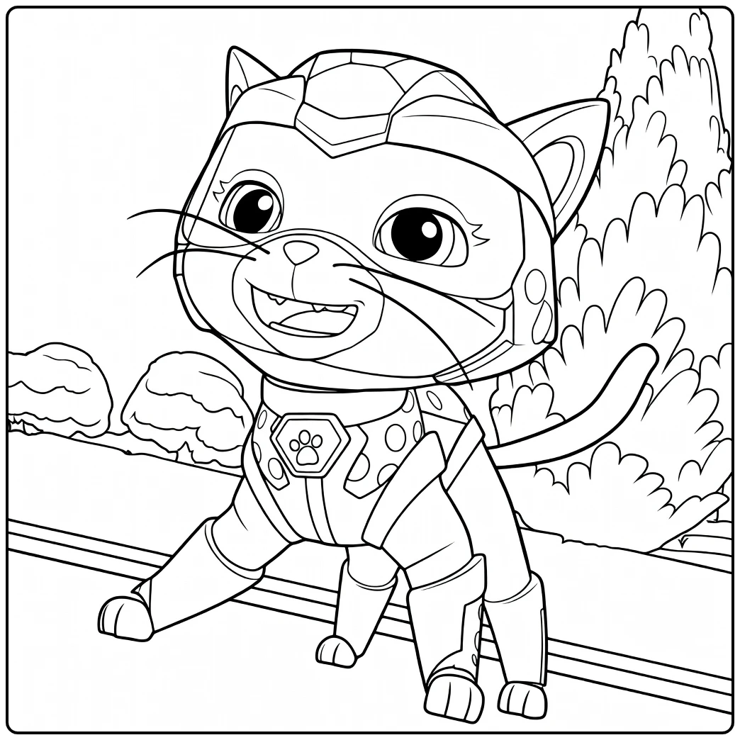 Dynamische antropomorfe kat in robotisch harnas met helm en embleem shade paw patrol kleurplaat