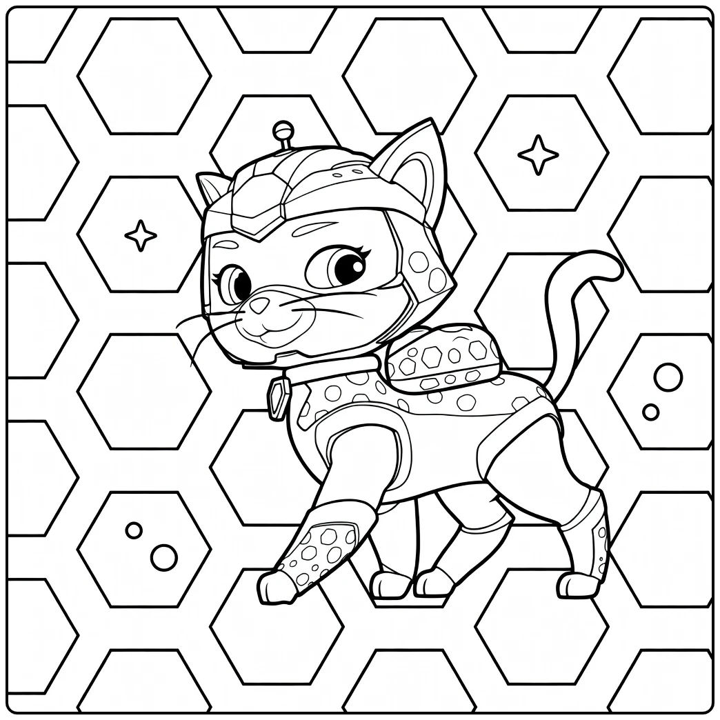 Anthropomorfe zwarte kat met paarse helm en stippenpak staand op vier poten Paw Patrol Seizoen 9 Kleurplaat