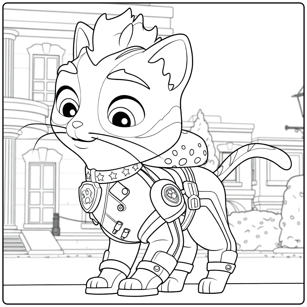 wild cat paw patrol kleurplaat met een kat op vier poten en rood-zwart pak tegen huizen