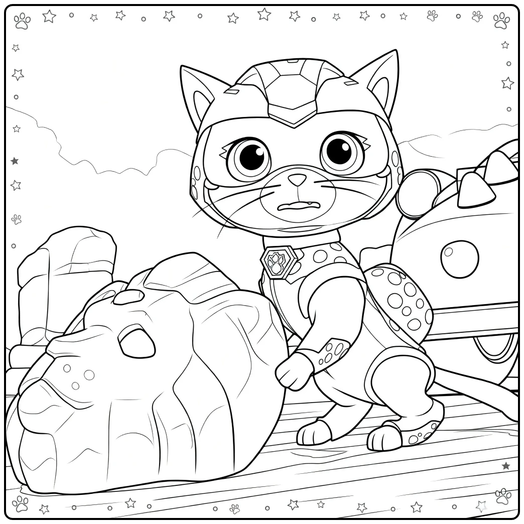 Antropomorfe kat in paarse helm leunt met poot op gouden leeuwenkop naast rood voertuig shade paw patrol kleurplaat