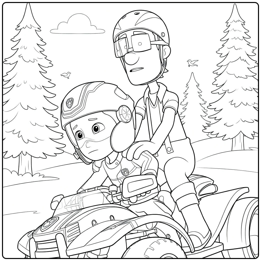 Kind en volwassene op een terreinwagen met bomen op de achtergrond Paw Patrol Seizoen 6 Kleurplaat