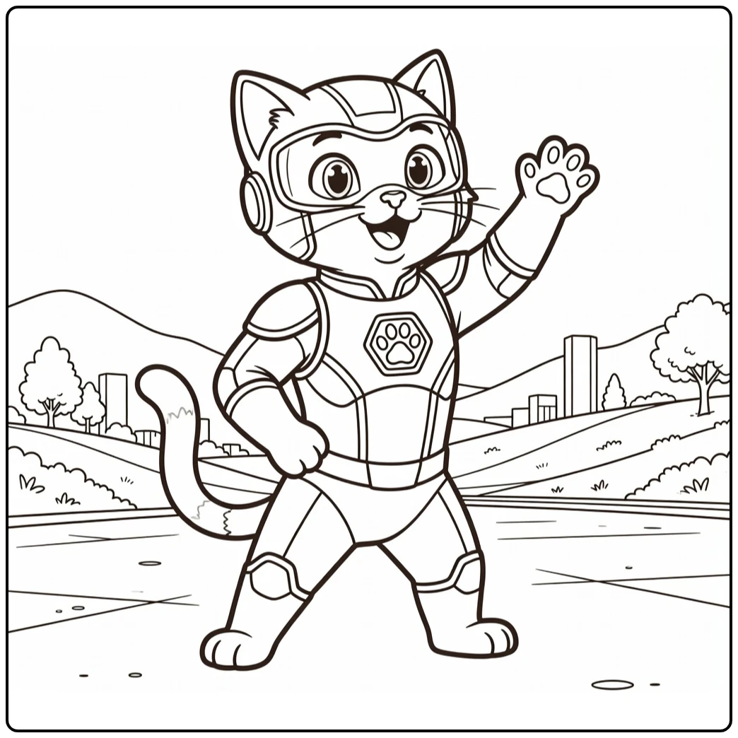 Leo Paw Patrol Kleurplaat van een kat die op zijn achterpoten staat en met een poot zwaait in een geel harnas.