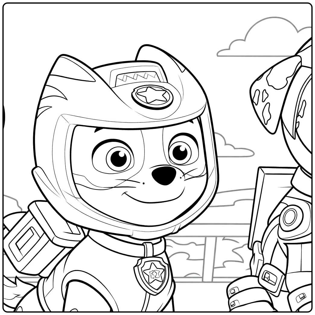Anthropomorfe kat en hond met helmen en uniformen in een 1:1 scène wild cat paw patrol kleurplaat